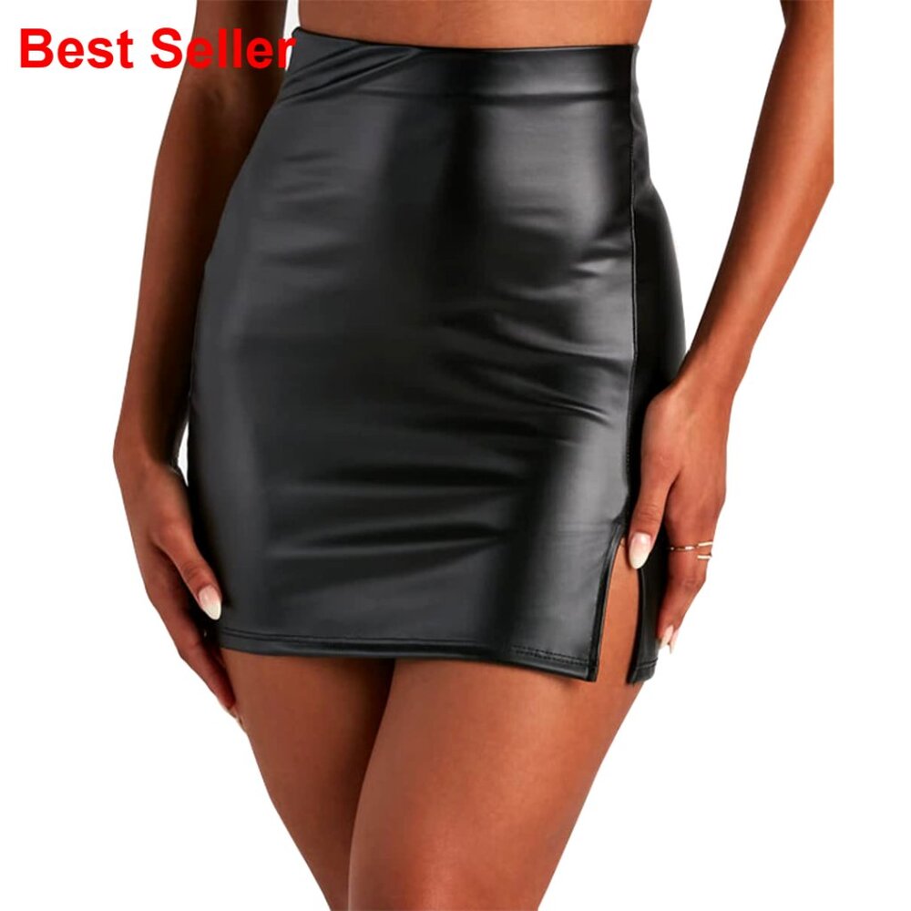 Faux Leather High Waisted Bodycon Mini Skirt With High Side Slit